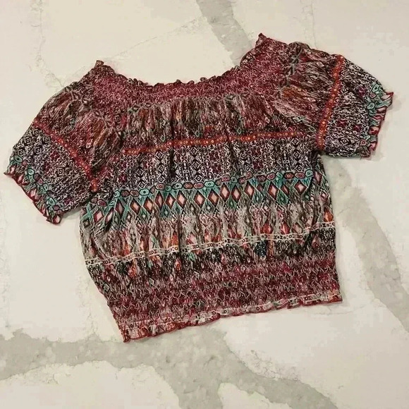 American Rag Cie Boho Smocked Matching Set Womens Small Cropped Shirt Wide Leg - Picture 7 of 9